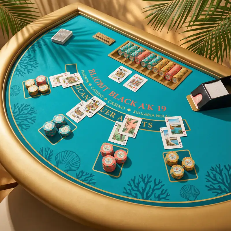 Mesa de blackjack profesional con cartas y fichas estilo caribeño